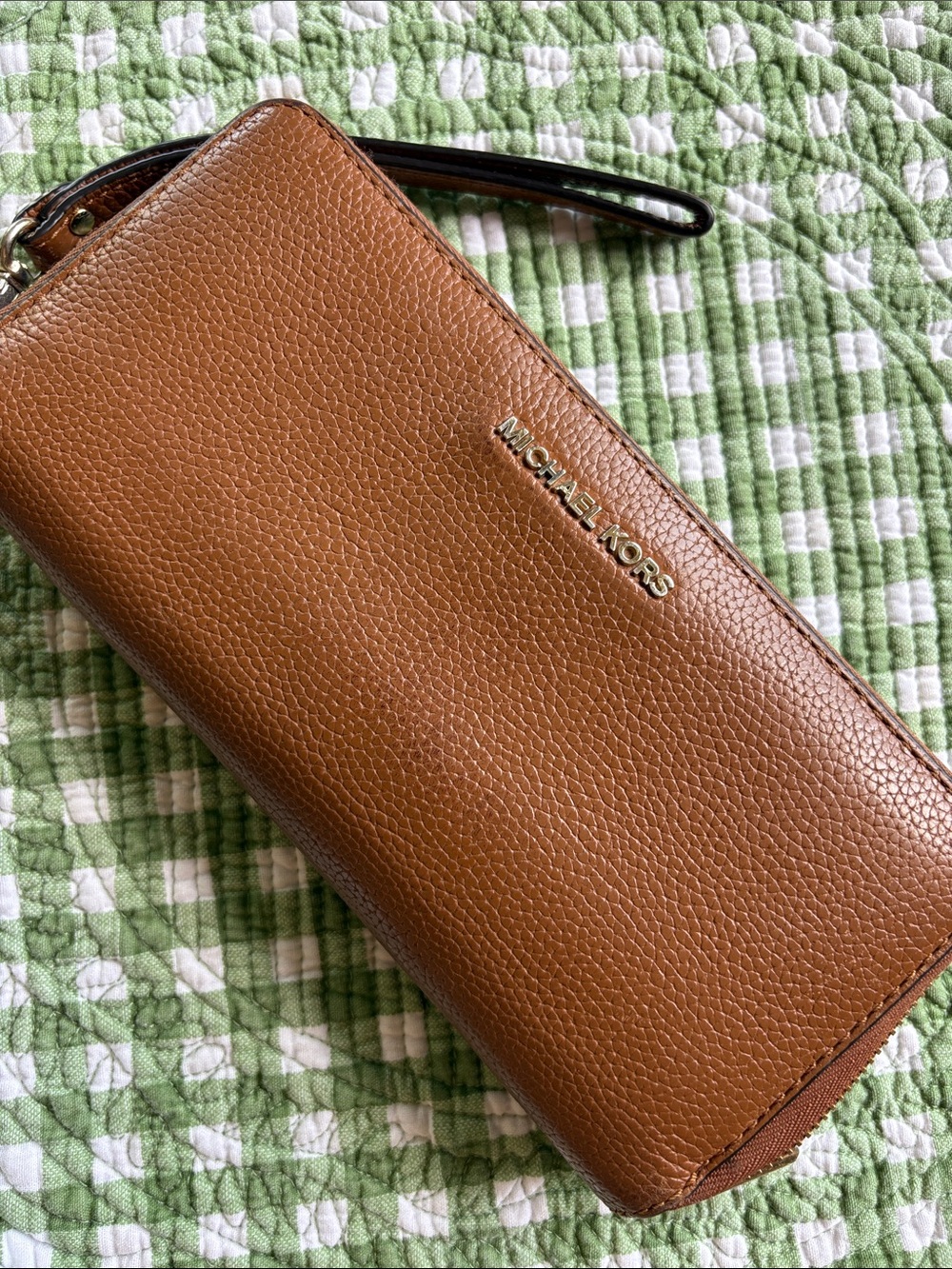 Michael Kors Pebbled Leather Zip Wallet in Cognac Brown with Gold Hardware